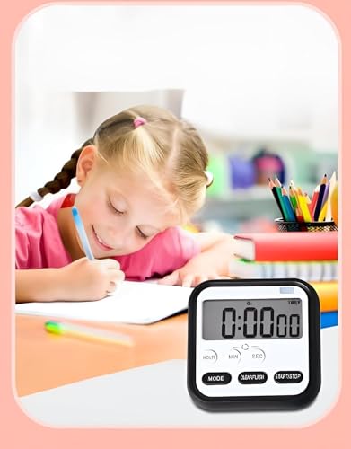 Image of Digital Magnetic Timer Clock with Large LCD Display, Loud Alarm, Countdown Flashing Light, Stopwatch, 24-Hour Display, Retractable Stand, Hanging Hole, for Students, Cooking (Black)