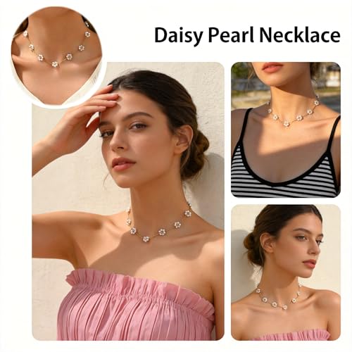 Image of SANNIDHI Pearl Necklace for Women Girls Flower Pendant Necklace with Gift Box Gold Plated Stainless Steel Chain Necklace Jewellery Valentine Birthday Gifts for Women, Girls, Sister, Girlfriend