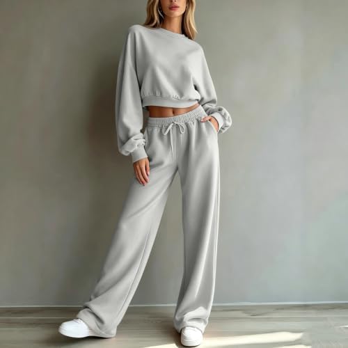 Womens Sweat Suits 2 Piece Set 2026 Solid Color Drawstring Baggy Sweatpants and Crew Neck Long Sleeve Cropped Tracksuit Plus Size Matching Sweatsuit Conjuntos De 2 Piezas Para Mujer Invierno Campus - 4