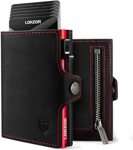 LORZOR® Slim Wallet mit Münzfach, Geldbörse aus Echtem Leder für Herren, RFID Blocker Portemonnaie, Kartenetui, Geldbeutel für 10 Karten, Smart Wallet (Rot)