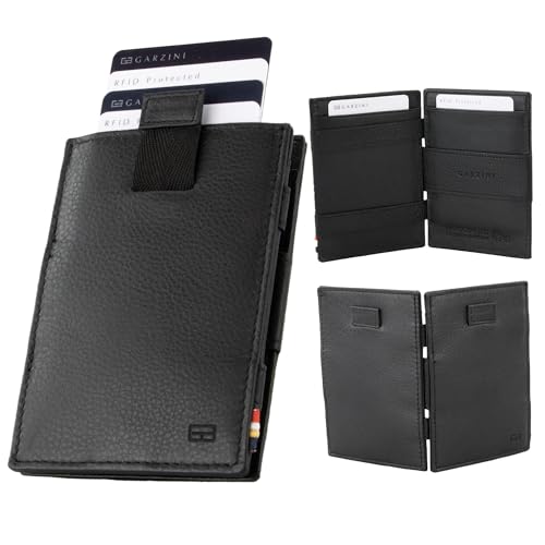 GARZINI Magic Wallet, RFID Geldbeutel für Herren aus echtem Leder mit Platz für 12 Karten, Mini Geldbörse als Geschenk für Männer, mit Pull-Tab System, Raven Black