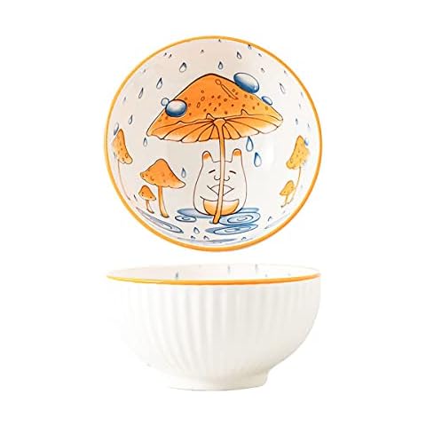 Bicuzat Cute Mushroom Pattern Ceramic Bowls Set Soup Bowls Dessert Bowls, 6 Inch, Set of 2 Cover