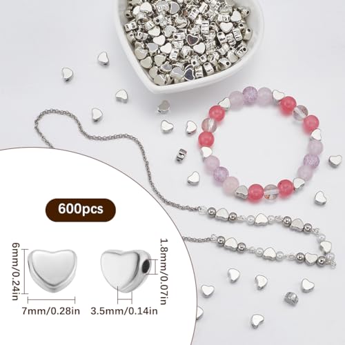 SUNNYCLUE 1 Box 600Pcs Silver Heart Spacer Bead Love Hearts Beads Bulk Plastic Platinum Mother’s Day Smooth Heart Shaped Loose Bead with Small Hole for Bracelet jewellery Making DIY Necklace Earring - Image 2