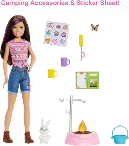 Barbie Camping Serie, Campingset mit Skipper-Puppe, Schmetterling, Hase, Camping Zubehör, Aufkleber, inkl Puppe (25 cm), Geschenk für Kinder, Spielzeug ab 3 Jahre,N/A