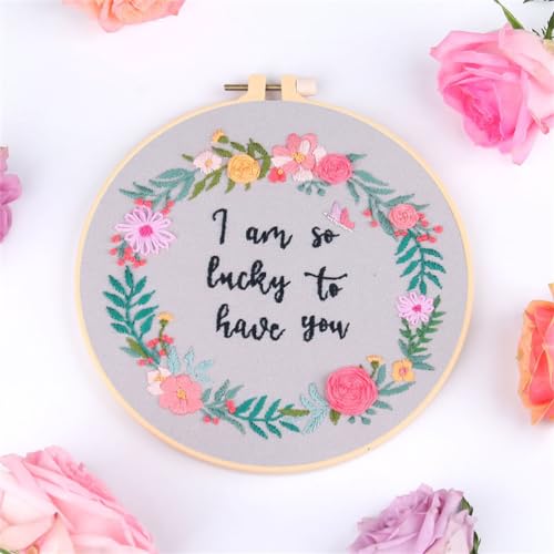 Image of Meecaa Love Flower Embroidery Kit Starter Set, Hand Embroidery Set,Pattern Printed Cross Stitch Set for Beginner Adults, with Embroidery Hoop and Instructions (Love)