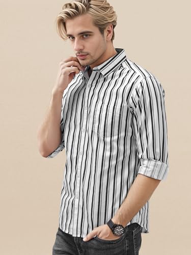 Image of IndoPrimo Men's Cotton Shirt with Spread Collar Neck Line Striped Pattern Full Sleeves Regular Fit Western Style and Standard Length
