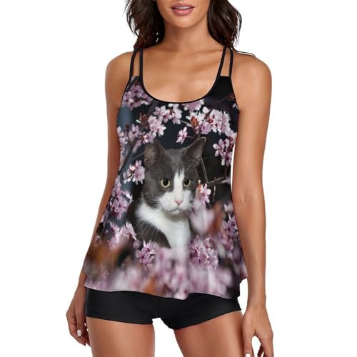 Tankini de gato que disimula el abdomen con pantalones cortos y tirantes cómodos