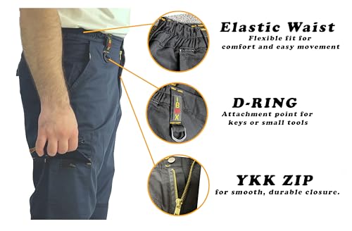 IBEX TR5 Men’s Cargo Work Trousers with Knee Pad Pockets - Heavy Duty Pants with Multi-Pocket, Elastic Waist, Twin Belt Loops & YKK Zip - Durable Workwear Combat Trousers, Black, 34W X 31L Regular