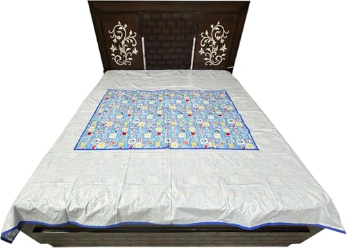 Image of Waterproof PVC Plastic Mattress Protector Double Bed Flat Bedsheet with Elastic for Babies Girls & Boys (Blue Printed)