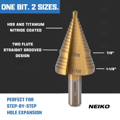 Image of NEIKO 10626A Step Drill Bit, 2 Steps 7 /8 inch to 1-1 /8 inch Straight High Speed Steel, Titanium Nitride Coated, 3 /8 inch Tri-Flat Step Bits for Steel, Metal, Wood, Plastic, Unibit Cone Drill Bits, Two Flute