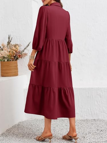 Image of Wenrine Womens Casual 3 /4 Sleeve Shirt Dress Button Down V Neck Tiered Collared Flowy Maxi Dress