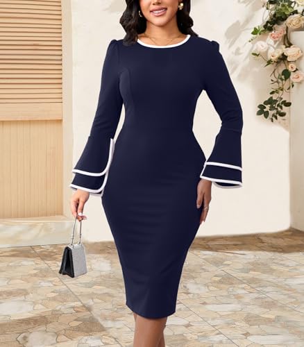 Image of Church Dress for Women Flared Sleeve Midi Pencil Dress Elegant Teacher Office Business Wear to Work Dresses