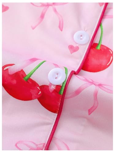 WDIRARA Women's 2 Piece Bow Cherry Print Pajama Set Short Sleeve Button Down Shorts Sleepwear Pjs3