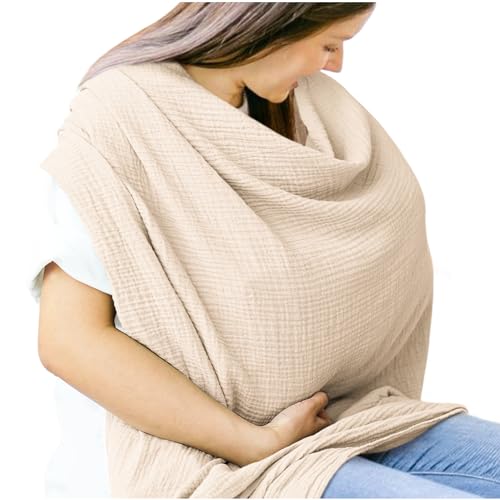 Coreeky Muslin Nursing Cover Up for Breastfeeding, 100% Soft Cotton Breathable Breastfeeding Cover, Multi-Use Cover for Car Seat Cover, Baby Swaddle & Burp Cloth, 47" x 47", Cream