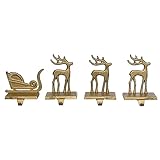 Transpac TC01929 Reindeer with Sleigh Gold 6.5 x 4.6 Cast Iron Holiday Christmas Stocking Holder, Set of 4 Assorted