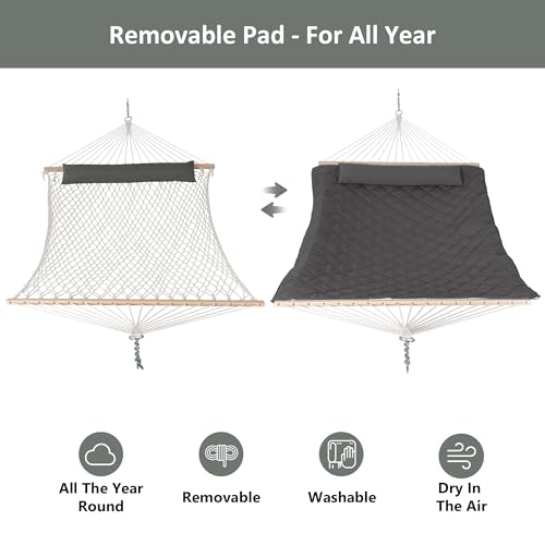 Image of ANOW Outdoor Rope Hammock with Spreader Bars, Heavy Duty Hammock with Pad for Outdoors Indoors, 450 LBS Weight Capacity, Gray