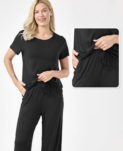 Image of GYS Bamboo-derived Viscose Women's Pajamas Set Short Sleeve Top With Pants 2-Piece Sleep Set