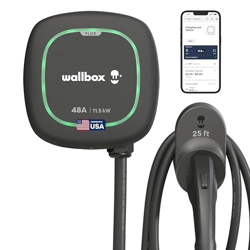 Wallbox Pulsar Plus Level 2 EV Charger 48 Amp - 11.5kW 240V Wall Home EV Charger - J1772 25ft Cable - Outdoor and Indoor EVSE - Energy Star and UL Certified - Assembled in USA - Black Matte