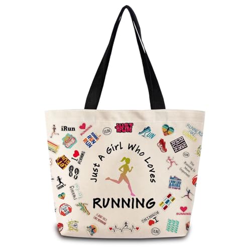 ZhuVantrix Just Love Running Tote Bag Reusable Grocery Bags Aesthetic Shopping Shoulder Handbag with Interior Zipper Pocket Stylish Running-themed Present for Runners Women