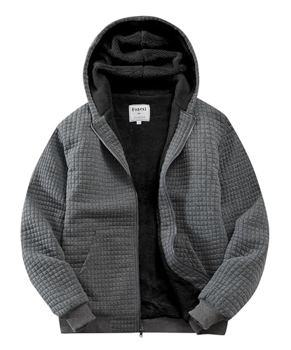 Fozexi Mens Waffle Fleece Sherpa Lined Zipper Hoodie Jacket, Dark Grey, L