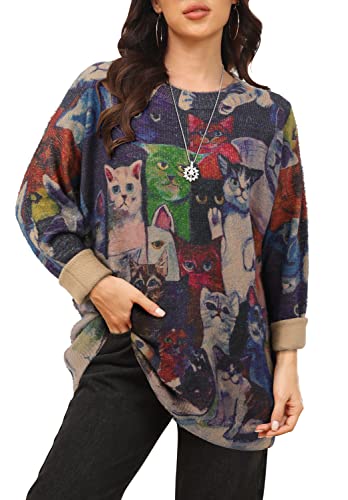 Image of Magritta Jumper Women Long Sleeve Plus Size Sweater Winter Knit Large Pullover Tops Casual Loose Fashion Vintage Jumper Cat XX-Large