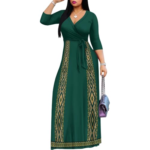 Image of Plus Size Maxi Dress for Women V Neck 3 /4 Sleeve Wrap Dress Green M | Green Floral Women's Maxi Dress for Wedding