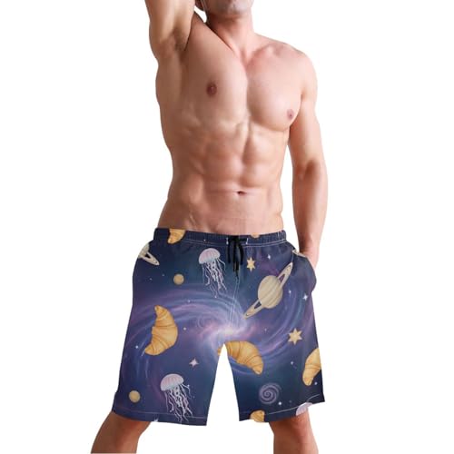 Men's Swim Trunks Quick Dry Swimming Shorts with Pocket Croissant Jellyfish Planets Stars Swimsuit Trunks4