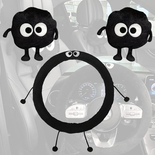 UINSUE Car Headrest Pillow & Steering Wheel Cover Set with Cute Big-Eyed Furball Travel Neck Support Pillow Fur Car Interior Accessory (Black 3Pcs Set)