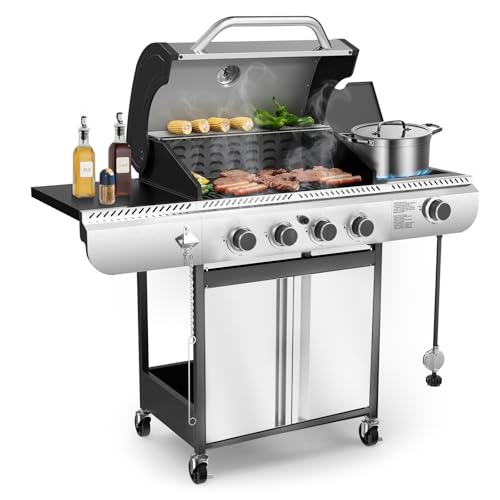 Electactic 4-Burner Gas Grill with Side Burner,Stainless Steel Propane Grill with Porcelain-Enameled Grills,Built-In Thermometer,42000BTU BBQ Grill for Outdoor Cooking and Patio Barbecues 4