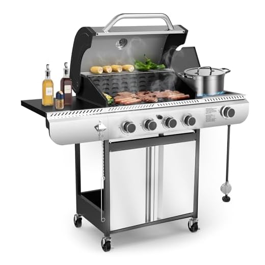Electactic G41 Gas Grill,4-Burner Gas BBQ Grill with Side Burner, Porcelain-Enameled Cast Iron Grates, Baking Pan, 42,000 BTU Stainless Steel Propane Grill for Outdoor Cooking and Patio Barbecues