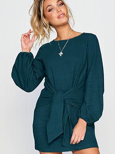 Image of PRETTYGARDEN Womens Spring Elegant Long Lantern Sleeve Short Dress Wedding Guest Crewneck Tie Waist Knit Cocktail Dresses