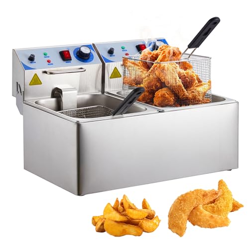 PULLAFUN Electric Deep Fryer, 10 L x 2 Deep Fryer with Basket, Adjustable Temperature Control, Perfect for Fried Chicken, Shrimp, French Fries, Chips & More, Removable Oil-Container, Stainless Steel