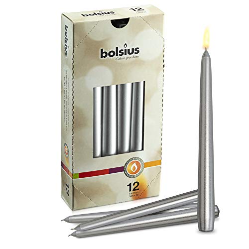 Bolsius Metallic Silver Taper Candles - 12 Pack Individually Wrapped 10 Inch Dinner Candle Set - 8 Burn Hours - Premium European Quality - Unscented Smokeless & Dripless Household Party Candlesticks #TOP15