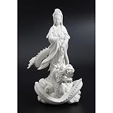 King Tut's Secret Top Collection 33 cm H Guan Yin jeźdzący posąg smoka. Żywica premium - białe wykończenie marmuru. Buddyjskie bogini współczucia i miłosierdzia.