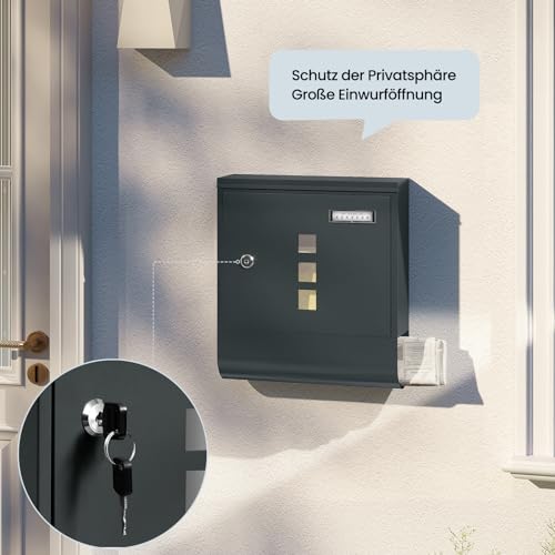 WOLTU Briefkasten Postkasten mit Zeitungsfach Sichtfenstern Namensschild, Wandbriefkasten abschließbar, mit 2 Schlüsseln, modern, Anthrazit, 30,5x33,5x9 cm