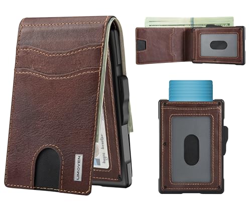 umoven Wallet for Men - Pop Up Case Cash Slot and Credit Card Slot - Slim Aluminum Wallet with RFID Blocking Minimalist Leather Wallet Front Pocket with ID Window (Brown Red)
