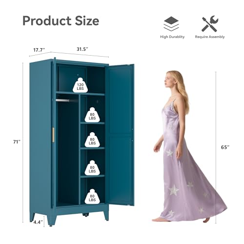 Image of Metal Broom Closet Cabinet, Utility Storage Cabinet with 4 Shelves, Farmhouse Metal Closet with Doors, 71 inch Tall Storage Cabinets with Hanging Rod and Clothing Shelf for Hallway Laundry Mudroom