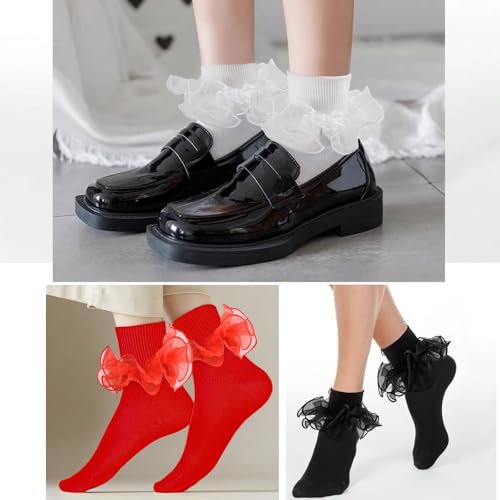 Image of Women Big Ruffle Ankle Socks Adult Double Lace Frilly Turn Cuff Dress Socks Cotton Cute Fancy Bobby Crew Socks