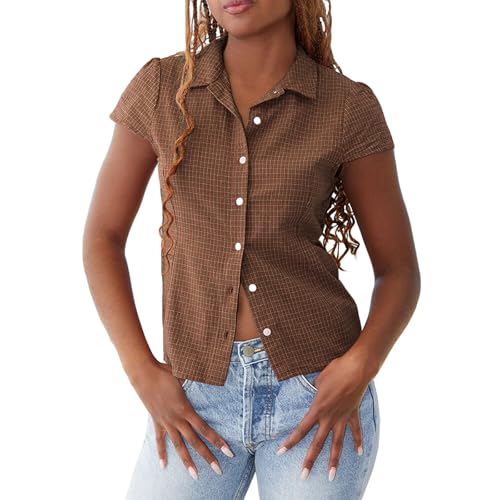 Image of Y2k Girls Vintage Coquette Button Down Shirt Women Short Sleeve V-Neck Slim Fitted T-Shirt Cute Blouse Crop Top
