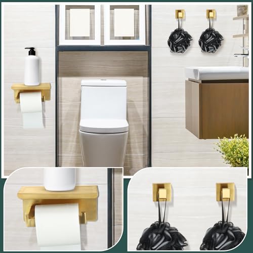 10 Pcs Bathroom Accessories Set, 24 Inch Bathroom Hardware Set, Stainless Steel Bath Towel Bar, Towel Racks, Robe Hook, Toilet Paper Holder with Phone Shelf Wall Mounted for Gifts (Gold) by Blulu - Used condition - Image 7