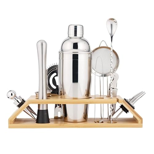 Juego de coctelera de acero inoxidable de 12 piezas con soporte, herramientas de mezcla de utensilios de bar para mezclar bebidas, kit de coctelera para el hogar, juego de coctelera de bar