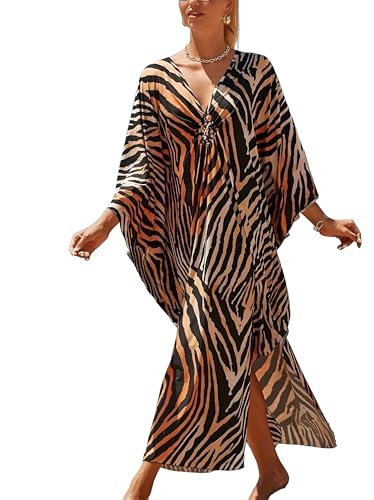 Image of IMAGEKOPE Women's Plus Size Animal Print V-Neck Batwing Kaftan Beach Dress Bathing Suit Cover-Up Loungewear