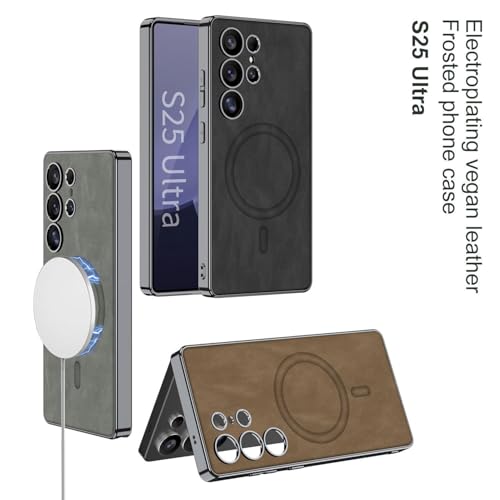 Image of TechTrendz Back Cover for Samsung Galaxy S25 Ultra 5G Leather Cover with Built-in (Compatible with MagSafe) Frosted Phone Case, Electroplated Soft Edges TPU Chrome Magnetic Cover for S25 Ultra -Grey