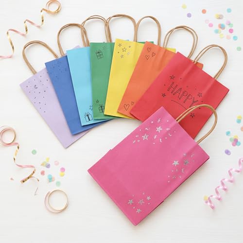 Image of BLEWINDZ 32 Pieces Gift Bags with 32 Tissues, 8 Colors Party Favor Bags with Handles, Rainbow Gift Bag for Wedding, Birthday, Party Supplies and Gifts