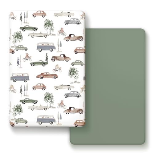 Image of GRSSDER Pack n Play Sheets Fitted 2 Pack, Stretchy Ultra Soft Jersey Knit Pack and Play Sheets, Universal Fitted Portable/Mini Crib Mattresses Snug and Safe, Neutral Pattern of Cars Print