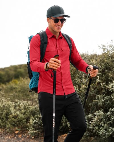 Men's Sun Protection Fishing Shirt UPF 50+ Long Sleeve Safari Hiking Travel Shirts with Pockets Quick Dry(Red Small) — view 3