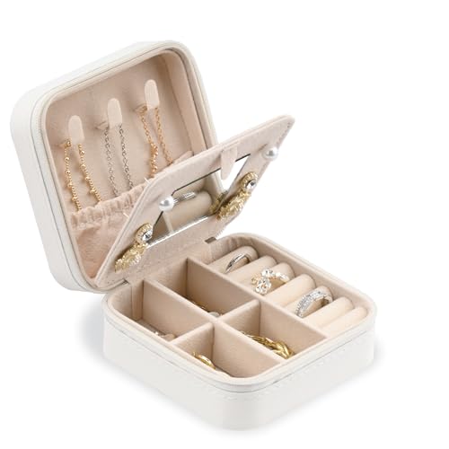 YoHyien Caixa de jóias de viagem para mulher, mini caixa de jóias portátil, pequena porta-joias com espelho, organizador de jóias de couro PU para anéis, brincos e colares, presente para adolescentes