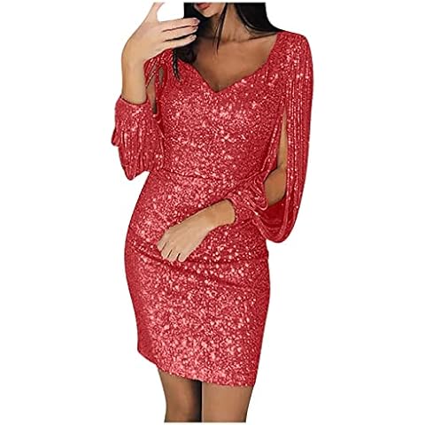 Vestido Sexy Fiesta Lentejuelas para Mujer Mini Vestido Ajustado de Manga Larga Vestido De Fiesta De Noche Brillante De Costura Cuello V Vestido de Cóctel Falda de Vestir Club Cover