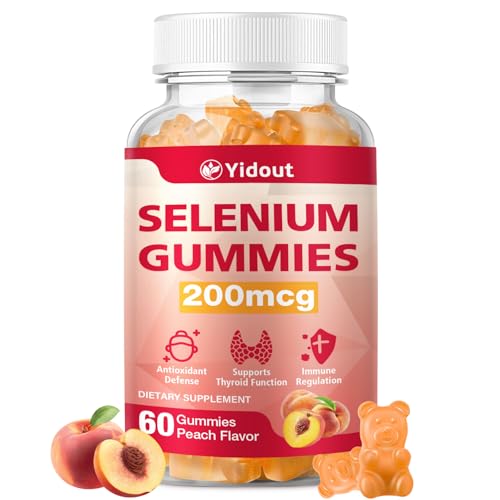 Yidout Selenium Supplement for Thyroid Support Gummies 200mcg as Energy Booster for Women and Men Peach Flavor (60 CountPack of 1)