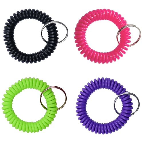 Image of 4-Pack 2 inch Spiral Wrist Coil with Steel Key Ring - Multi-Color Flexible Key Chain Bracelet, Stretches to 12 inch